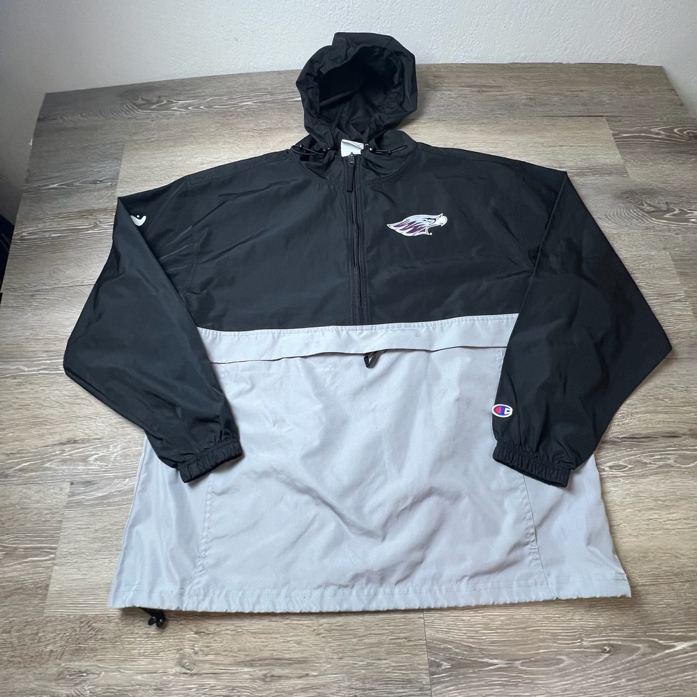 Champion Windbreaker Mens‎ Large Black Grey Warhawks Half Zip Hooded Jacket